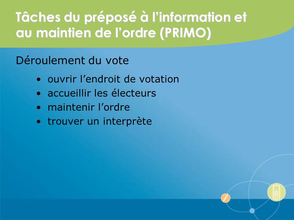 Tâches du préposé à linformation et au maintien de lordre (PRIMO) Déroulement du vote ouvrir lendroit de votation accueillir les électeurs maintenir lordre trouver un interprète