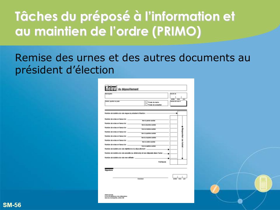Tâches du préposé à linformation et au maintien de lordre (PRIMO) Remise des urnes et des autres documents au président délection SM-56