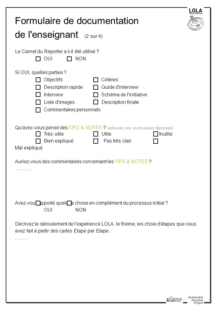 Formulaire de documentation de l enseignant (2 sur 4) Le Carnet du Reporter a-t-il été utilisé .