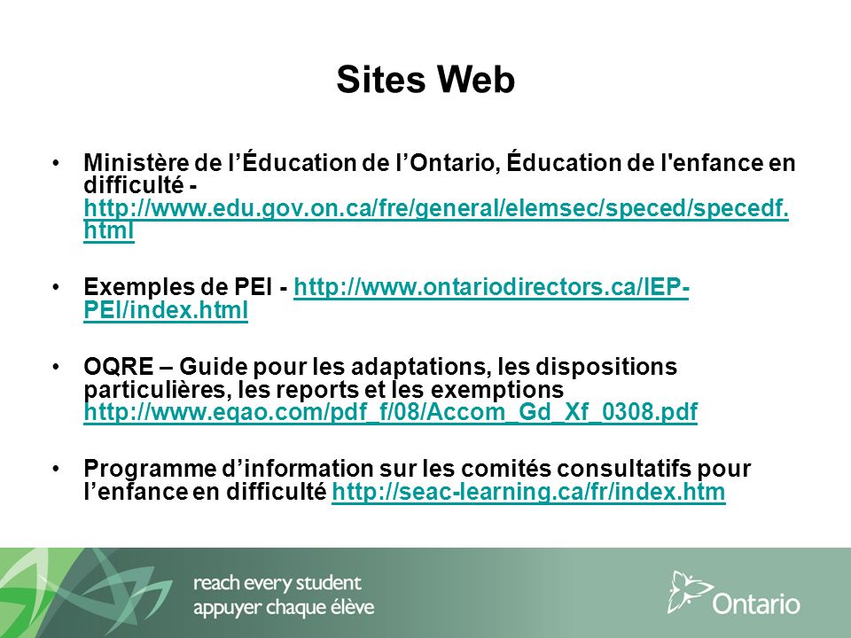 Sites Web Ministère de lÉducation de lOntario, Éducation de l enfance en difficulté -