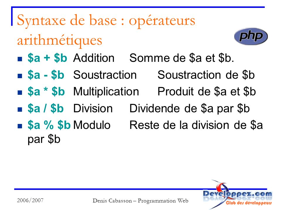 2006/2007 Denis Cabasson – Programmation Web Syntaxe de base : opérateurs arithmétiques $a + $bAdditionSomme de $a et $b.