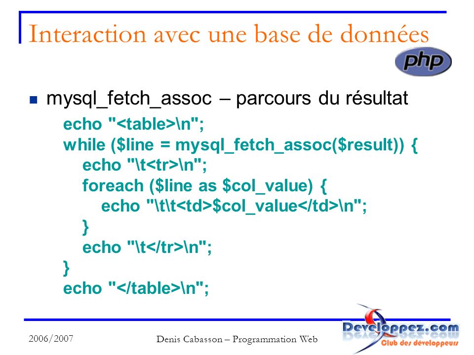 2006/2007 Denis Cabasson – Programmation Web Interaction avec une base de données mysql_fetch_assoc – parcours du résultat echo \n ; while ($line = mysql_fetch_assoc($result)) { echo \t \n ; foreach ($line as $col_value) { echo \t\t $col_value \n ; } echo \t \n ; } echo \n ;