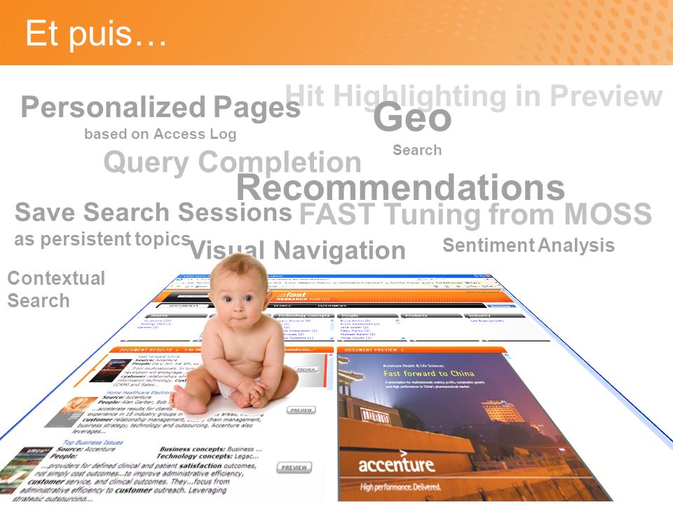 Visual Navigation Et puis… Recommendations Query Completion Hit Highlighting in Preview Geo Search Personalized Pages based on Access Log Save Search Sessions as persistent topics FAST Tuning from MOSS Sentiment Analysis Contextual Search