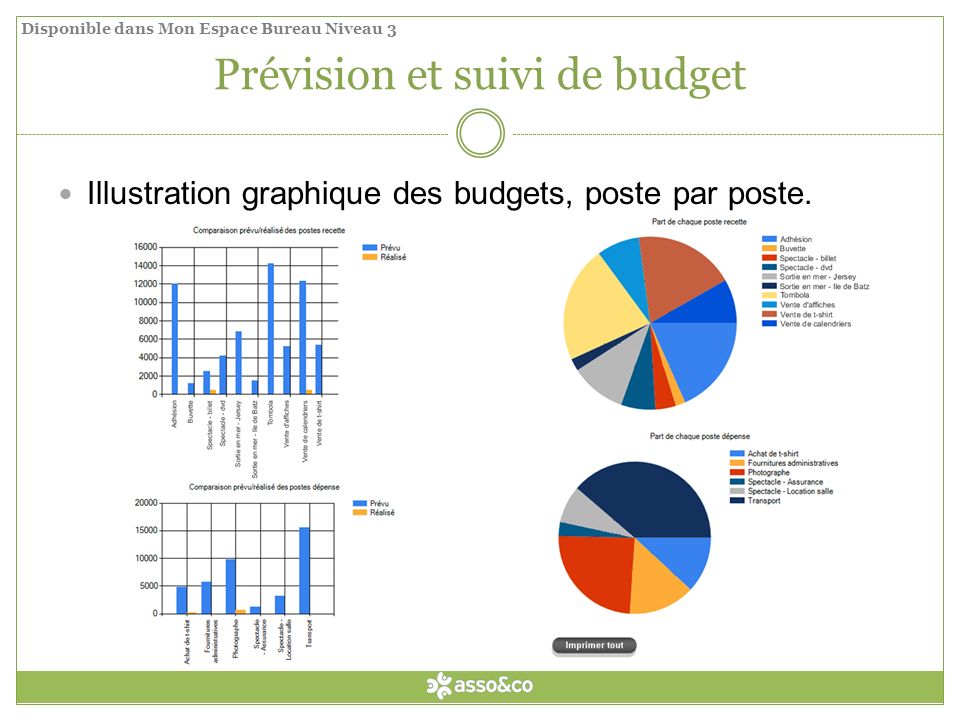 Prévision et suivi de budget Illustration graphique des budgets, poste par poste.