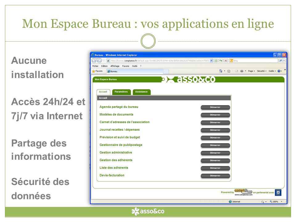 Mon Espace Bureau : vos applications en ligne Partage des informations Aucune installation Sécurité des données Accès 24h/24 et 7j/7 via Internet