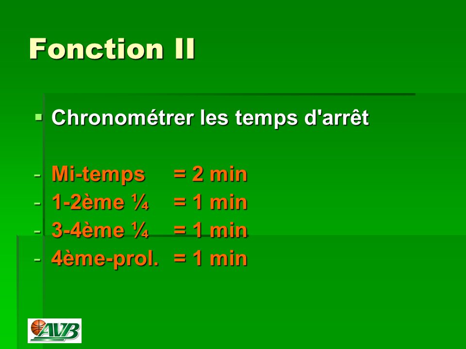 Fonction II Chronométrer les temps d arrêt Chronométrer les temps d arrêt -Mi-temps = 2 min -1-2ème ¼ = 1 min -3-4ème ¼= 1 min -4ème-prol.= 1 min