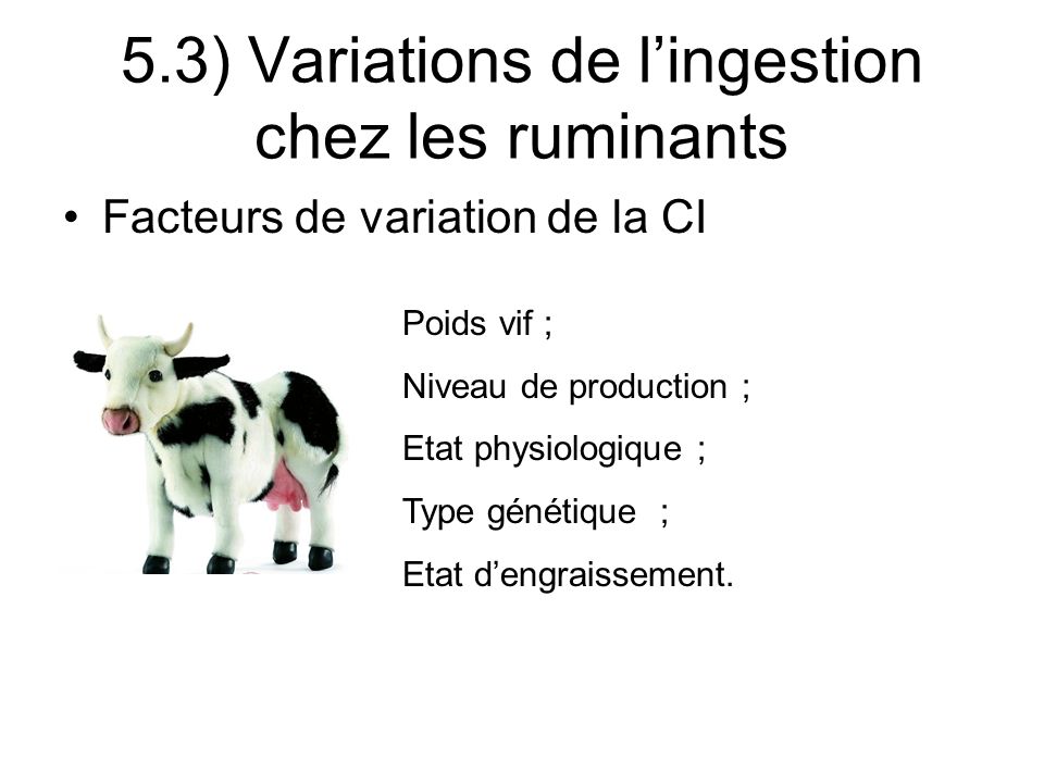 Facteurs de variation de la CI 5.3) Variations de lingestion chez les ruminants Poids vif ; Niveau de production ; Etat physiologique ; Type génétique ; Etat dengraissement.