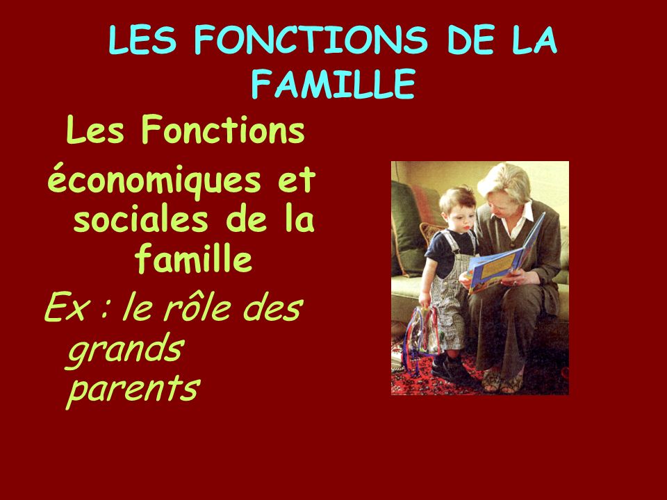 LES FONCTIONS DE LA FAMILLE Les Fonctions économiques et sociales de la famille Ex : le rôle des grands parents
