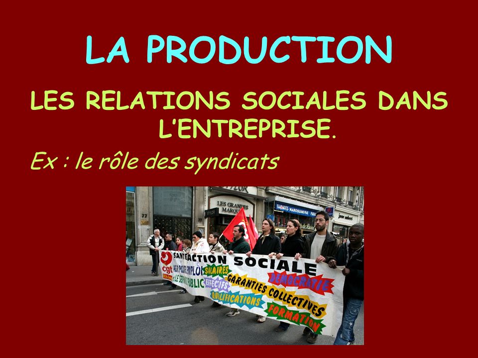 LA PRODUCTION LES RELATIONS SOCIALES DANS LENTREPRISE. Ex : le rôle des syndicats
