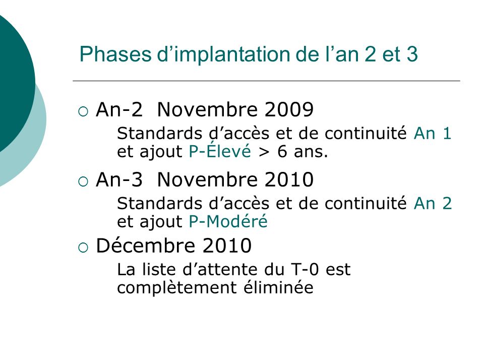 Phases dimplantation de lan 2 et 3 An-2 Novembre 2009 Standards daccès et de continuité An 1 et ajout P-Élevé > 6 ans.