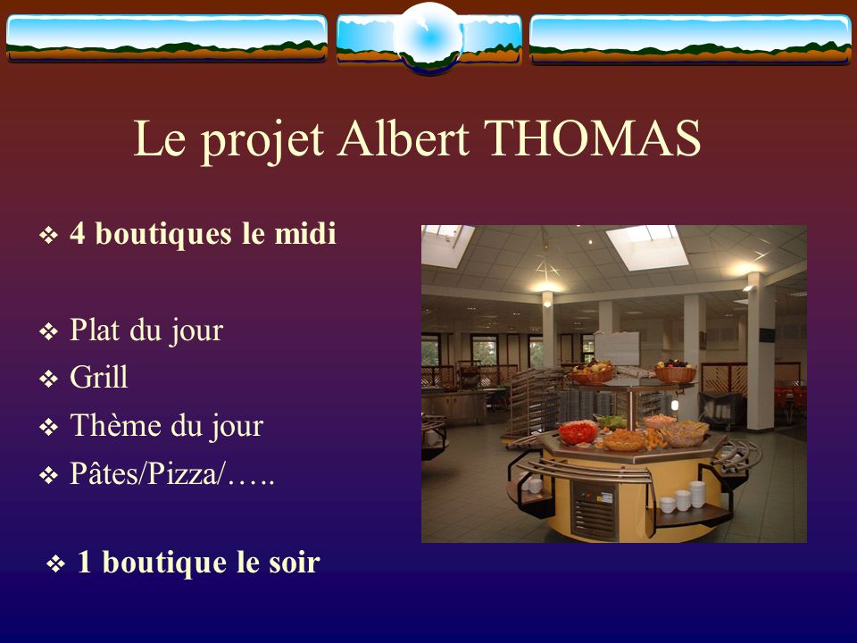 Le projet Albert THOMAS 4 boutiques le midi Plat du jour Grill Thème du jour Pâtes/Pizza/…..
