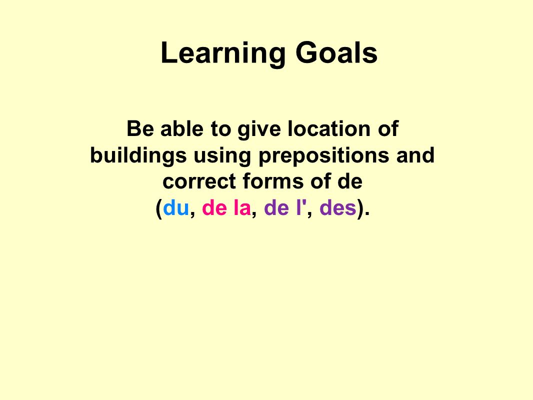 Learning Goals Be able to give location of buildings using prepositions and correct forms of de (du, de la, de l , des).
