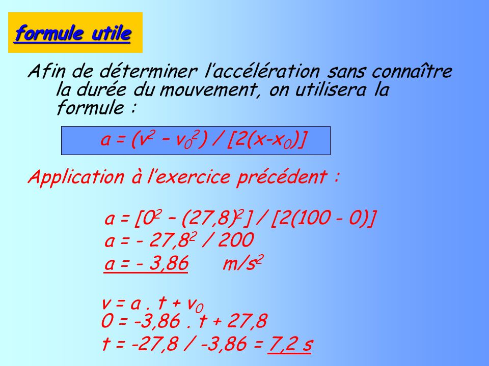 a = (v 2 – v 0 2 ) / [2(x-x 0 )] Afin de déterminer laccélération sans connaître la durée du mouvement, on utilisera la formule : Application à lexercice précédent : a = [0 2 – (27,8) 2 ] / [2( )] a = - 27,8 2 / 200 a = - 3,86m/s 2 formule utile v = a.