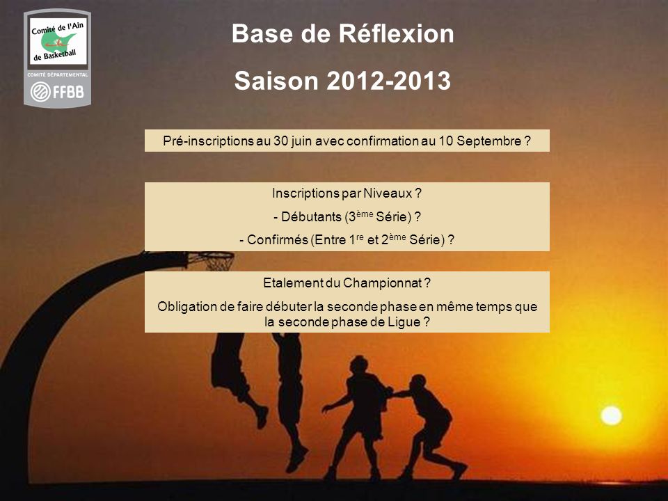 7 Base de Réflexion Saison Pré-inscriptions au 30 juin avec confirmation au 10 Septembre .