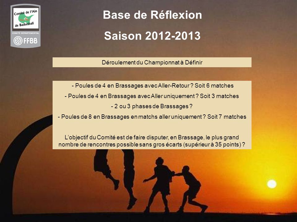 8 Base de Réflexion Saison Déroulement du Championnat à Définir - Poules de 4 en Brassages avec Aller-Retour .