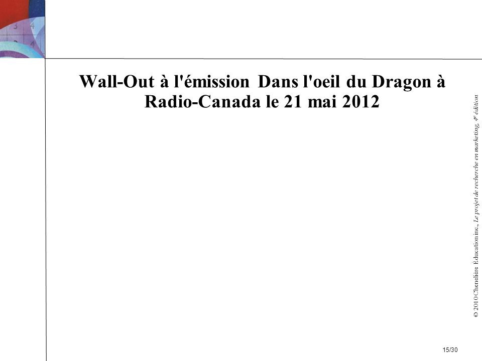 © 2010 Chenelière Éducation inc., Le projet de recherche en marketing, 4 e édition Wall-Out à l émission Dans l oeil du Dragon à Radio-Canada le 21 mai /30