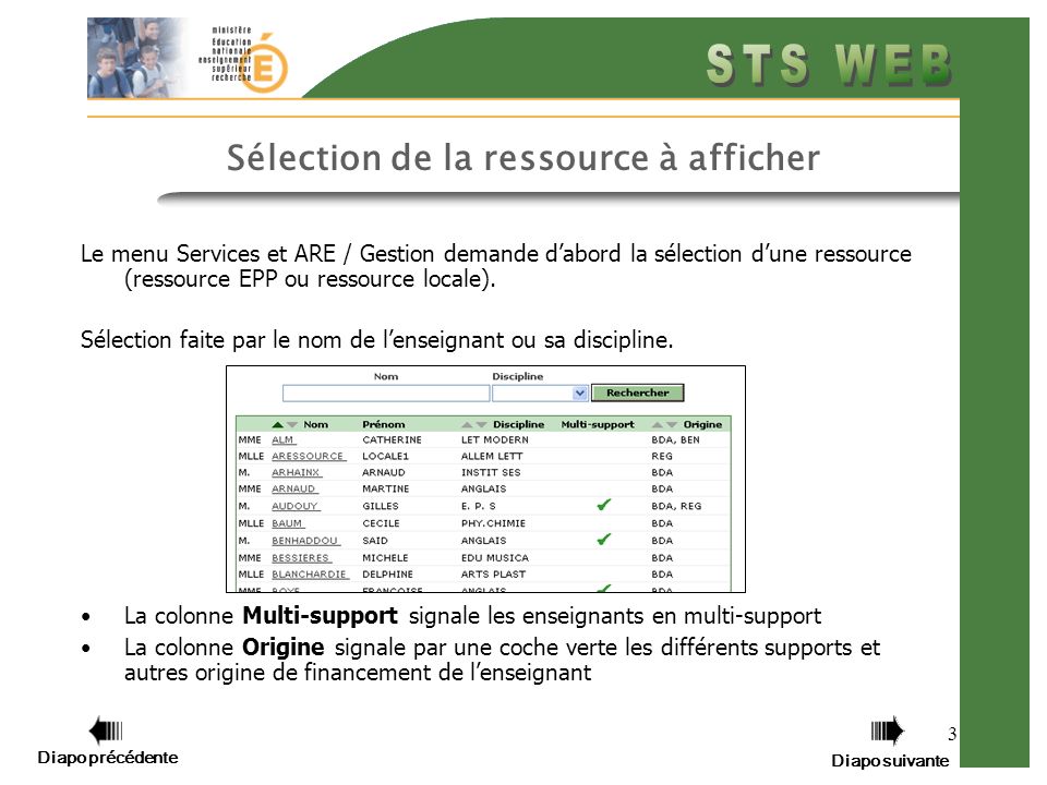 Diapo précédente Diapo suivante 3 Sélection de la ressource à afficher Le menu Services et ARE / Gestion demande dabord la sélection dune ressource (ressource EPP ou ressource locale).