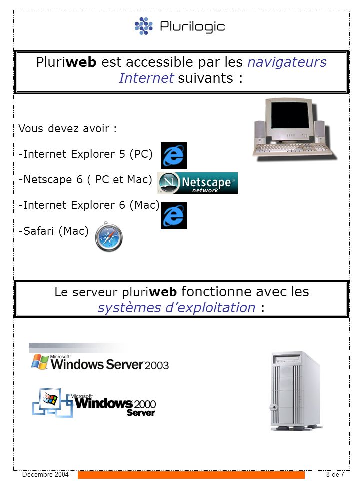 Décembre de 7 Pluriweb est accessible par les navigateurs Internet suivants : Le serveur pluriweb fonctionne avec les systèmes dexploitation : Vous devez avoir : -Internet Explorer 5 (PC) -Netscape 6 ( PC et Mac) -Internet Explorer 6 (Mac) -Safari (Mac)