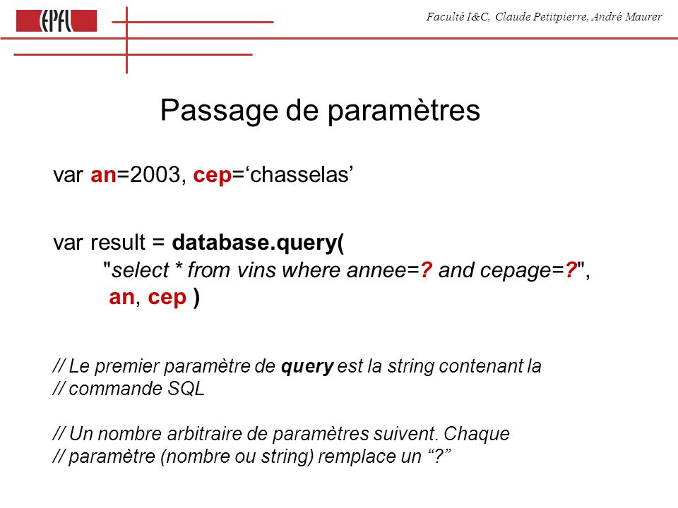 Faculté I&C, Claude Petitpierre, André Maurer Passage de paramètres var an=2003, cep=chasselas var result = database.query( select * from vins where annee=.