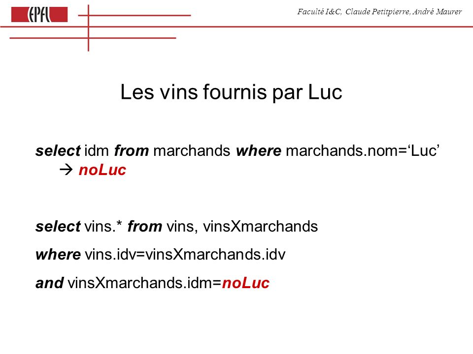 Faculté I&C, Claude Petitpierre, André Maurer Les vins fournis par Luc select idm from marchands where marchands.nom=Luc noLuc select vins.* from vins, vinsXmarchands where vins.idv=vinsXmarchands.idv and vinsXmarchands.idm=noLuc