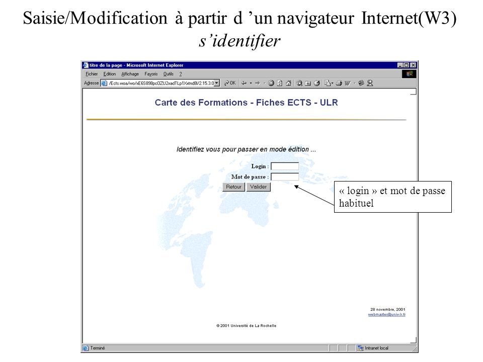 Saisie/Modification à partir d un navigateur Internet(W3) sidentifier « login » et mot de passe habituel