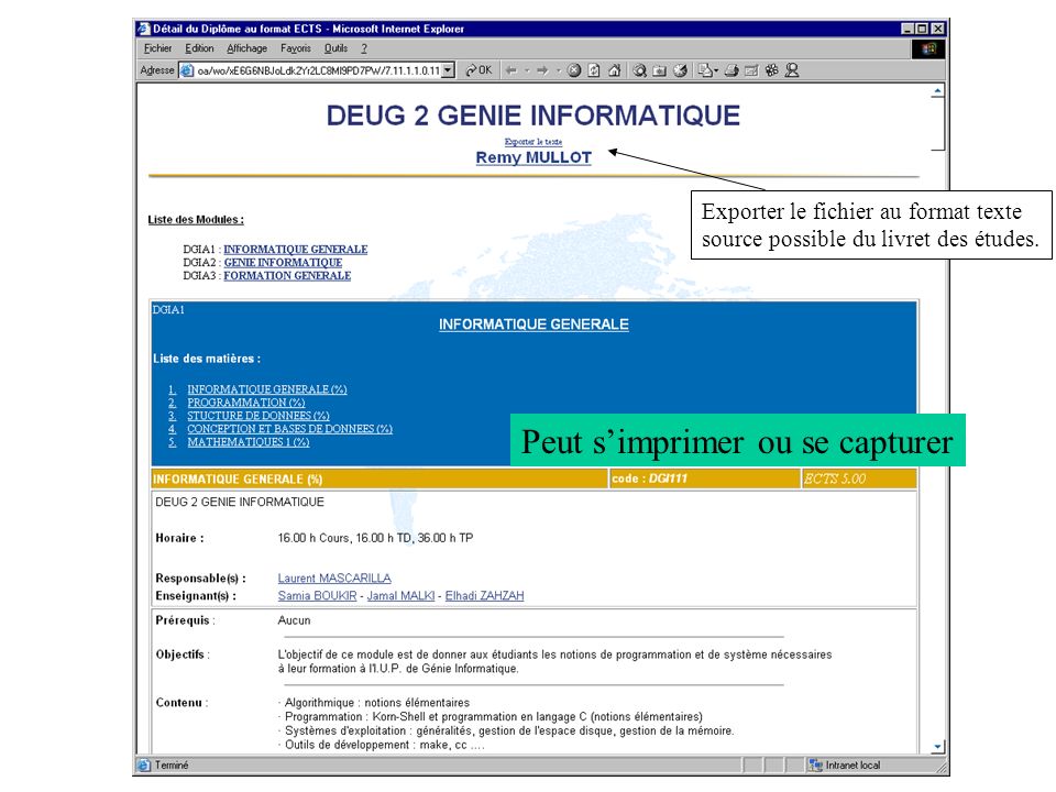 Exemple dune fiche ECTS Exporter le fichier au format texte source possible du livret des études.