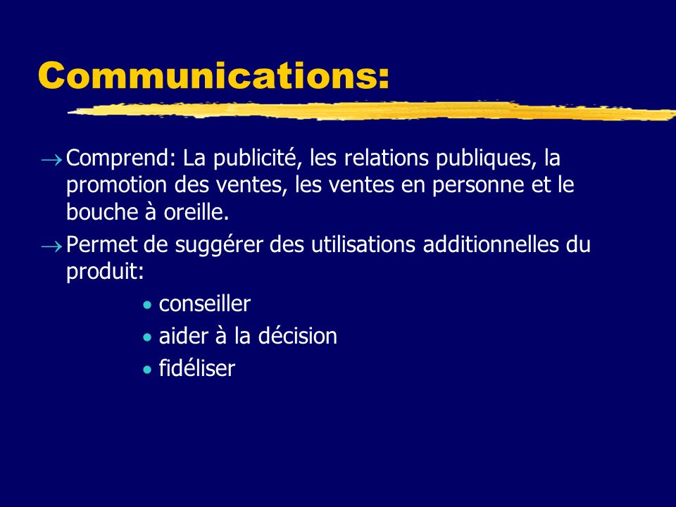 Communications: Comprend: La publicité, les relations publiques, la promotion des ventes, les ventes en personne et le bouche à oreille.