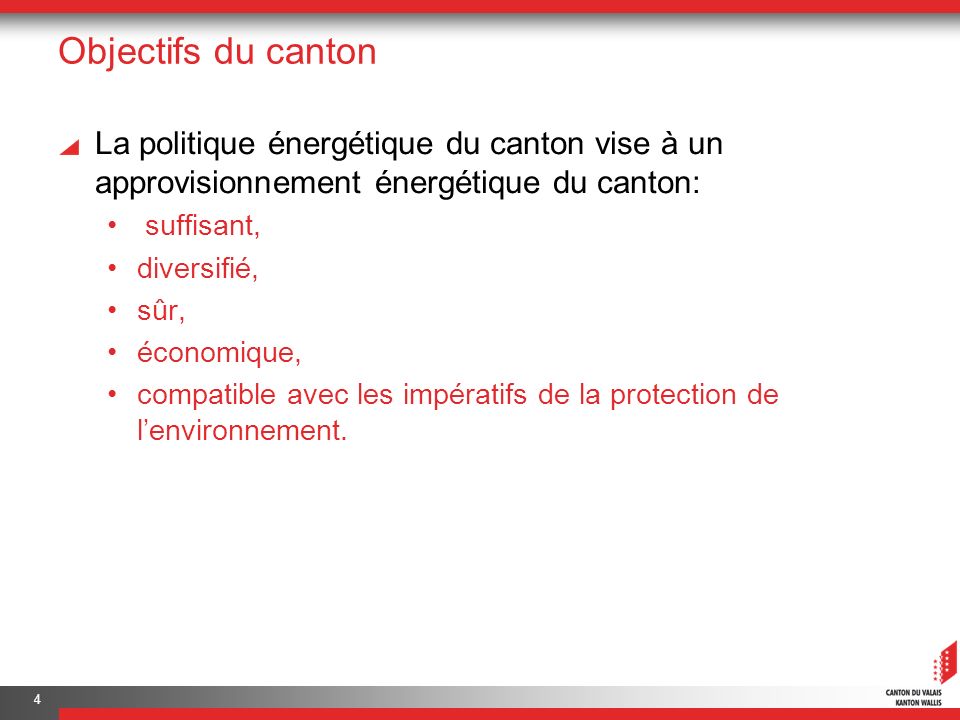 Objectifs du canton La politique énergétique du canton vise à un approvisionnement énergétique du canton: suffisant, diversifié, sûr, économique, compatible avec les impératifs de la protection de lenvironnement.