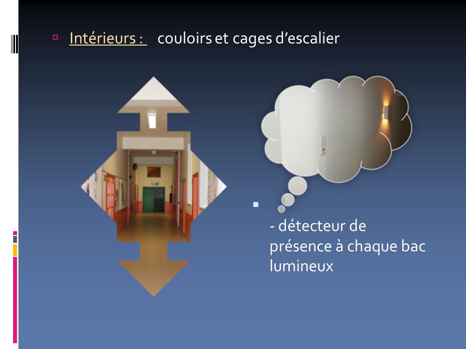 Intérieurs : couloirs et cages descalier - détecteur de présence à chaque bac lumineux