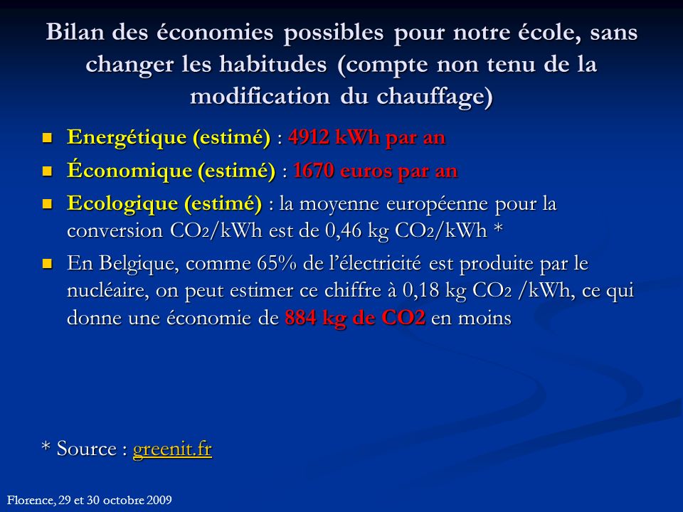 Bilan des économies possibles pour notre école, sans changer les habitudes (compte non tenu de la modification du chauffage) Energétique (estimé) : 4912 kWh par an Energétique (estimé) : 4912 kWh par an Économique (estimé) : 1670 euros par an Économique (estimé) : 1670 euros par an Ecologique (estimé) : la moyenne européenne pour la conversion CO 2 /kWh est de 0,46 kg CO 2 /kWh * Ecologique (estimé) : la moyenne européenne pour la conversion CO 2 /kWh est de 0,46 kg CO 2 /kWh * En Belgique, comme 65% de lélectricité est produite par le nucléaire, on peut estimer ce chiffre à 0,18 kg CO 2 /kWh, ce qui donne une économie de 884 kg de CO2 en moins En Belgique, comme 65% de lélectricité est produite par le nucléaire, on peut estimer ce chiffre à 0,18 kg CO 2 /kWh, ce qui donne une économie de 884 kg de CO2 en moins * Source : greenit.fr greenit.fr Florence, 29 et 30 octobre 2009