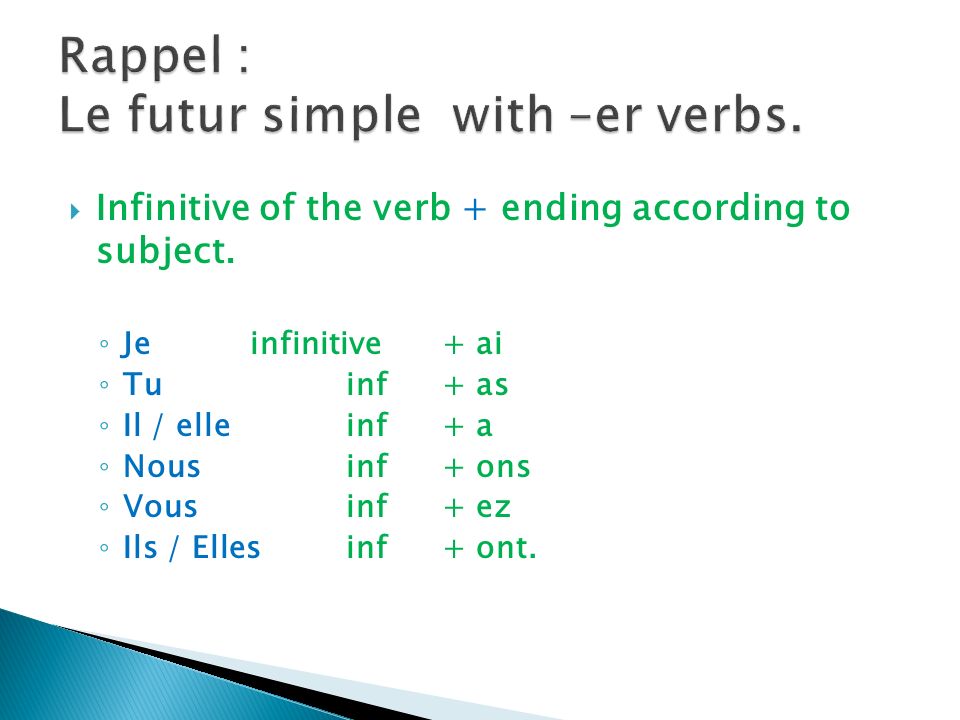Infinitive of the verb + ending according to subject.