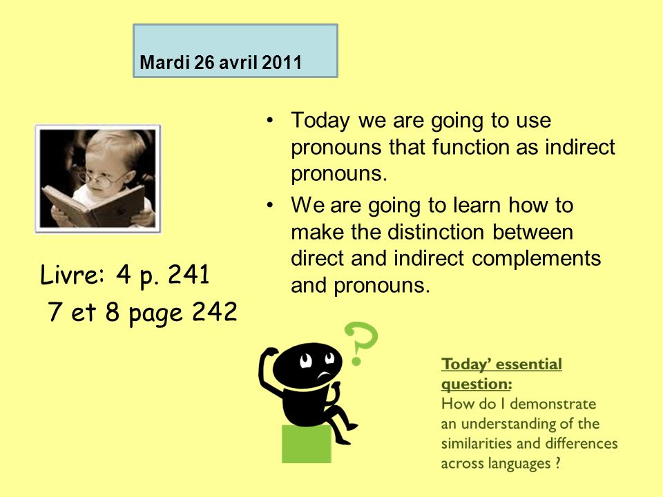 Mardi 26 avril 2011 Today we are going to use pronouns that function as indirect pronouns.