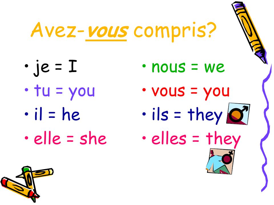 Avez-vous compris je = I tu = you il = he elle = she nous = we vous = you ils = they elles = they