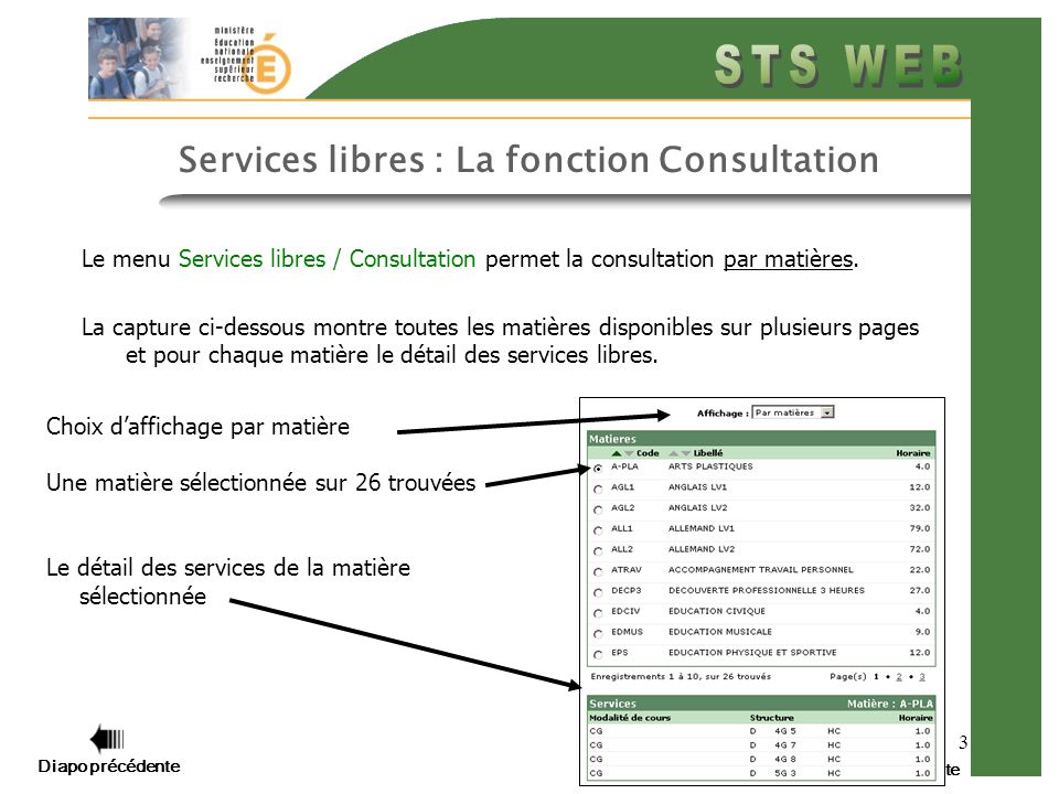 3 Services libres : La fonction Consultation Le menu Services libres / Consultation permet la consultation par matières.