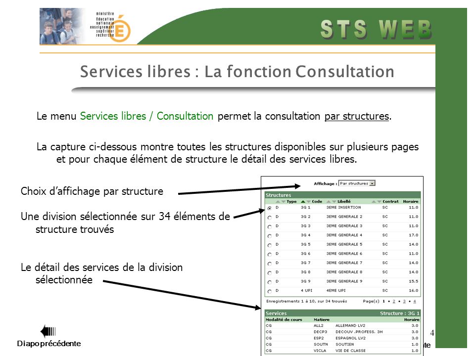 4 Diapo suivante Services libres : La fonction Consultation Le menu Services libres / Consultation permet la consultation par structures.