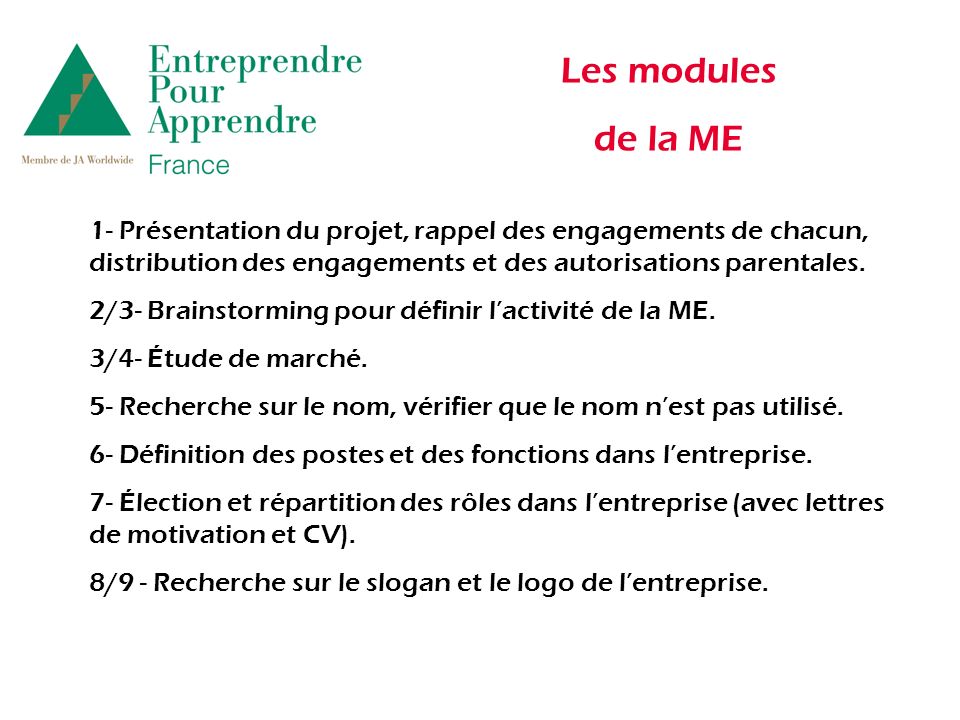 Les modules de la ME 1- Présentation du projet, rappel des engagements de chacun, distribution des engagements et des autorisations parentales.