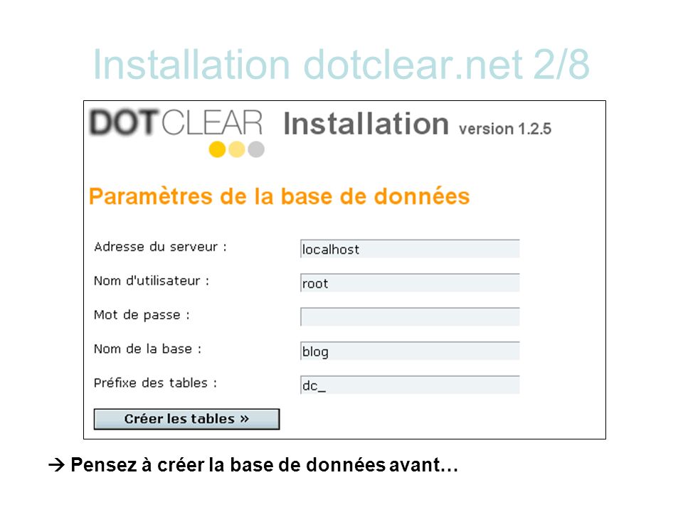 Installation dotclear.net 2/8 Pensez à créer la base de données avant…
