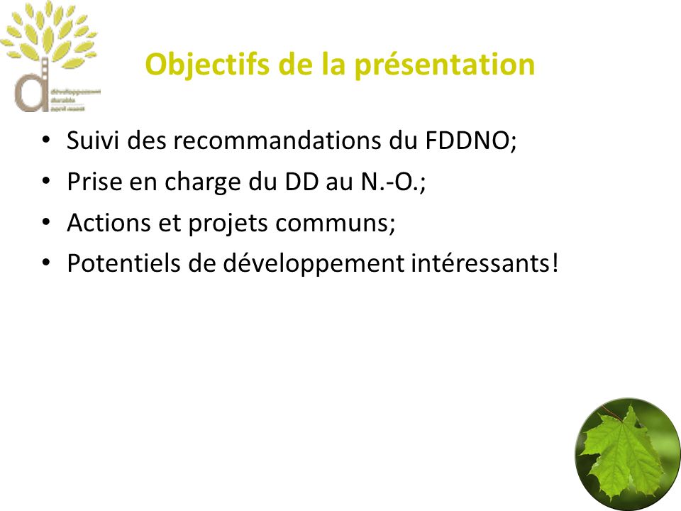 Objectifs de la présentation Suivi des recommandations du FDDNO; Prise en charge du DD au N.-O.; Actions et projets communs; Potentiels de développement intéressants!
