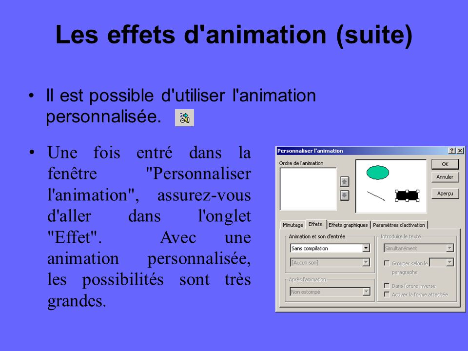 Les effets d animation (suite) PowerPoint vous propose différentes effets : l effet automobile l effet volant l effet appareil-photo l effet flash l effet de texte laser l effet de texte machine à écrire l effet goutte-à-goutte