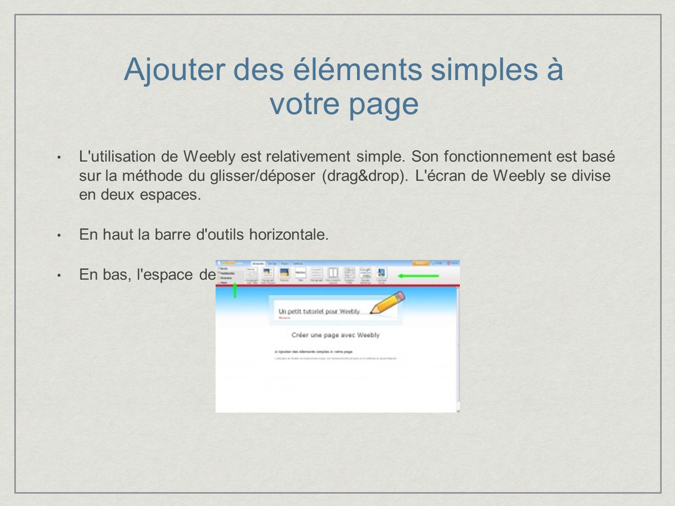 Ajouter des éléments simples à votre page L utilisation de Weebly est relativement simple.
