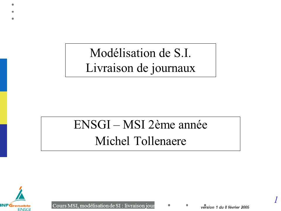 1 Cours MSI, modélisation de SI : livraison journaux version 1 du 8 février 2005 Modélisation de S.I.
