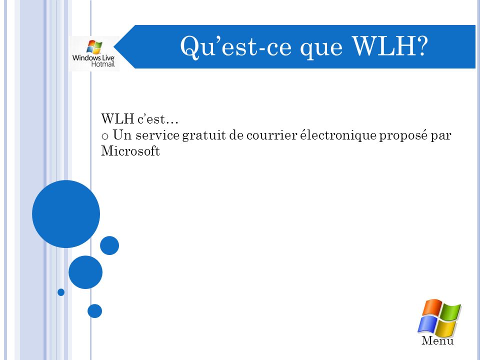 Menu (Sélectionnez) Information sur le logiciel: o Quest-ce que Windows Live Hotmail (WLH) (anciennement MSN Hotmail) Quest-ce que Windows Live Hotmail (WLH) o Quelles sont les fonctions de WLH.
