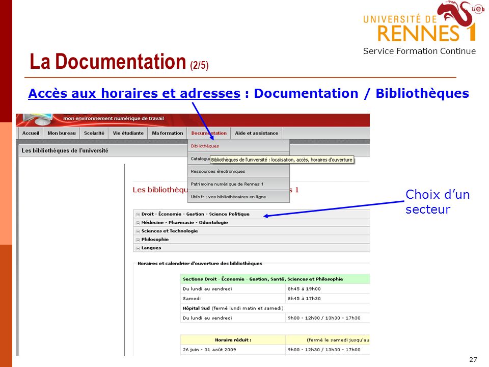 Service Formation Continue 27 La Documentation (2/5) Accès aux horaires et adresses : Documentation / Bibliothèques Choix dun secteur