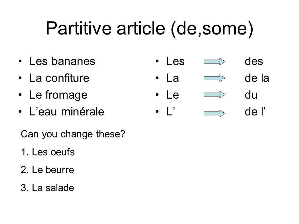Partitive article (de,some) Les bananes La confiture Le fromage Leau minérale Lesdes Lade la Ledu Lde l Can you change these.
