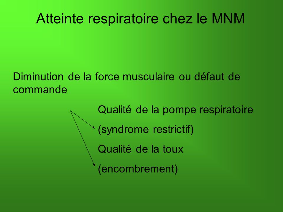 Diminution de la force musculaire ou défaut de commande Qualité de la pompe respiratoire (syndrome restrictif) Qualité de la toux (encombrement) Atteinte respiratoire chez le MNM