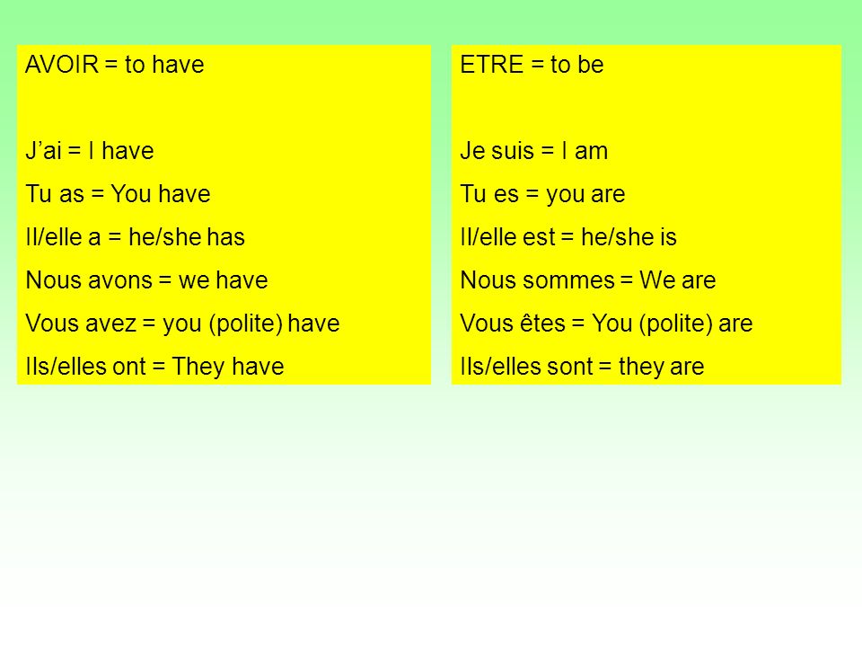 AVOIR = to have Jai = I have Tu as = You have Il/elle a = he/she has Nous avons = we have Vous avez = you (polite) have Ils/elles ont = They have ETRE = to be Je suis = I am Tu es = you are Il/elle est = he/she is Nous sommes = We are Vous êtes = You (polite) are Ils/elles sont = they are