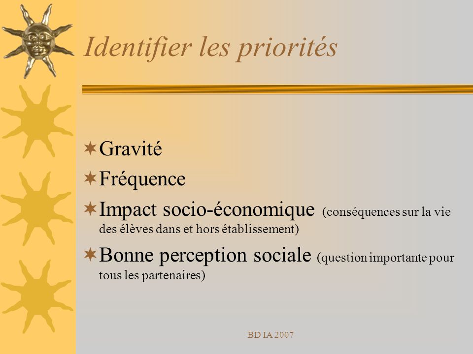 BD IA 2007 Identifier les priorités Gravité Fréquence Impact socio-économique (conséquences sur la vie des élèves dans et hors établissement) Bonne perception sociale (question importante pour tous les partenaires)