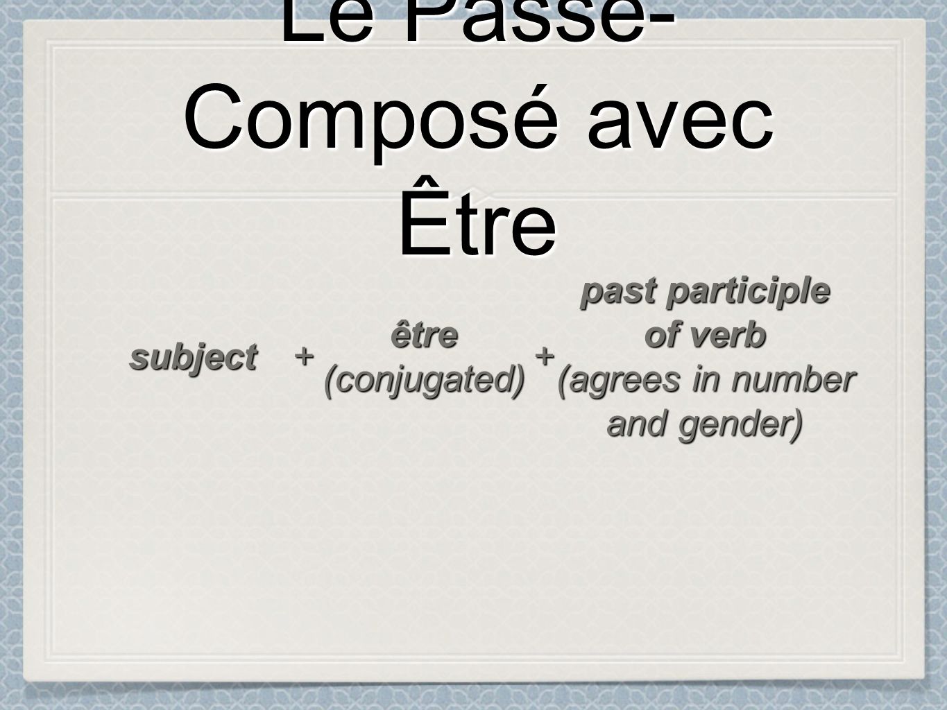 Le Passé- Composé avec Être Le Passé- Composé avec Être subject ++ être(conjugated) past participle of verb (agrees in number and gender)