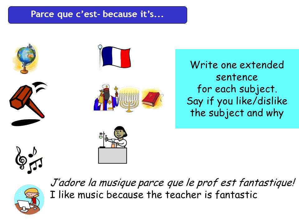 Parce que cest- because its... Write one extended sentence for each subject.