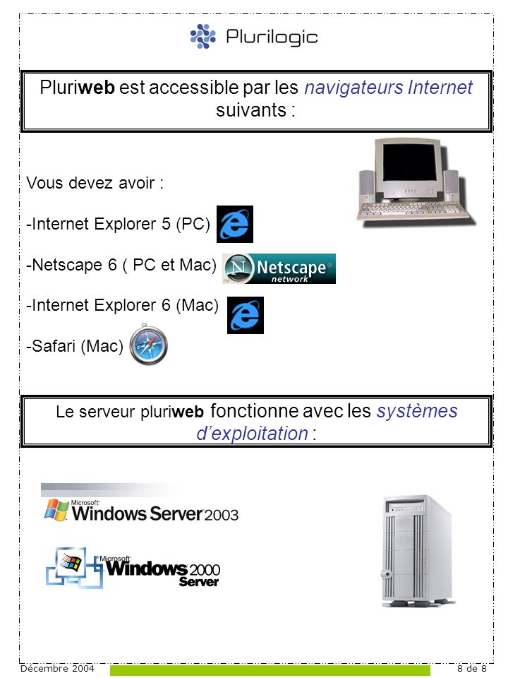 Décembre de 8 Pluriweb est accessible par les navigateurs Internet suivants : Le serveur pluriweb fonctionne avec les systèmes dexploitation : Vous devez avoir : -Internet Explorer 5 (PC) -Netscape 6 ( PC et Mac) -Internet Explorer 6 (Mac) -Safari (Mac)